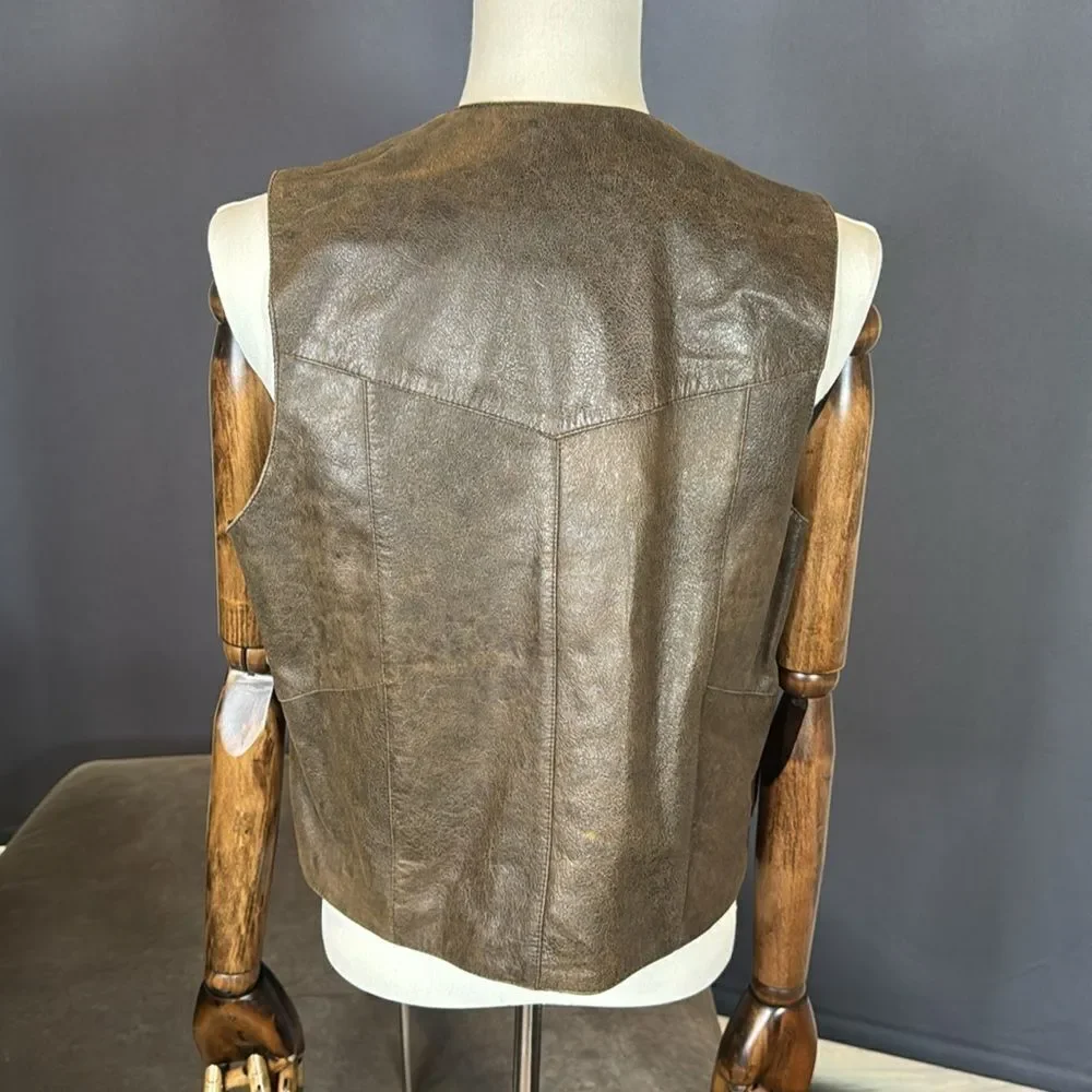 Men's Vintage T4 West Brown John Vest Genuine Leather Snap Closure Size S NWT